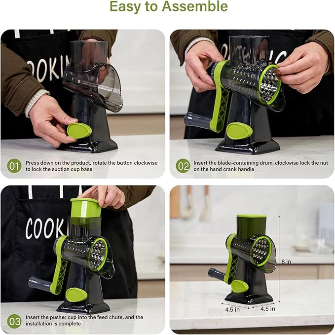 ALEXPHY Rotary Cheese Grater hand crank 3 blades with Stronger Suction Base | Stainless Steel Blades for Fruits, Vegetables, Nuts. Dishwasher Safe & Easy to Clean, Transparent Black & Green