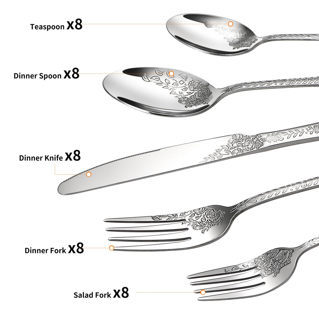 40 Pcs Silverware Set for 8, Food Grade Stainless Steel Flatware Set, Eating Utensils Sets Include Fork/Knife/Spoon, Reusable Cutlery Set for Home Kitchen, Dishwasher Safe, Embossed pattern-1