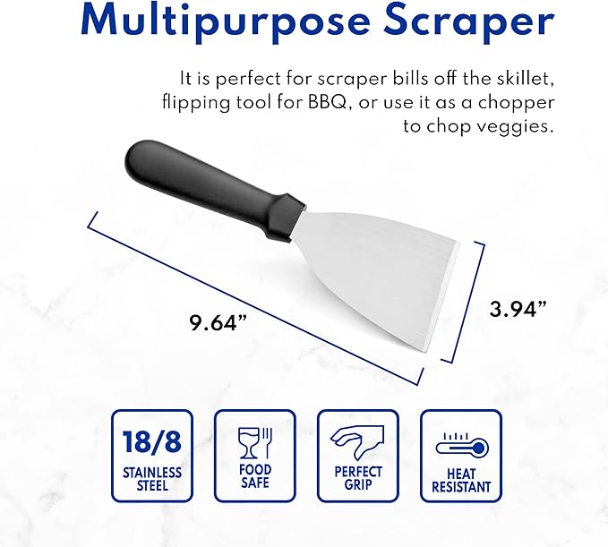 New Star Foodservice Stainless Steel Slant Edge Grill Scraper with Black Plastic Handle, 4 x 8.5 Inch Restaurant Grade Griddle Scraper, Flat Top Scraper, Grill Cleaning Tool