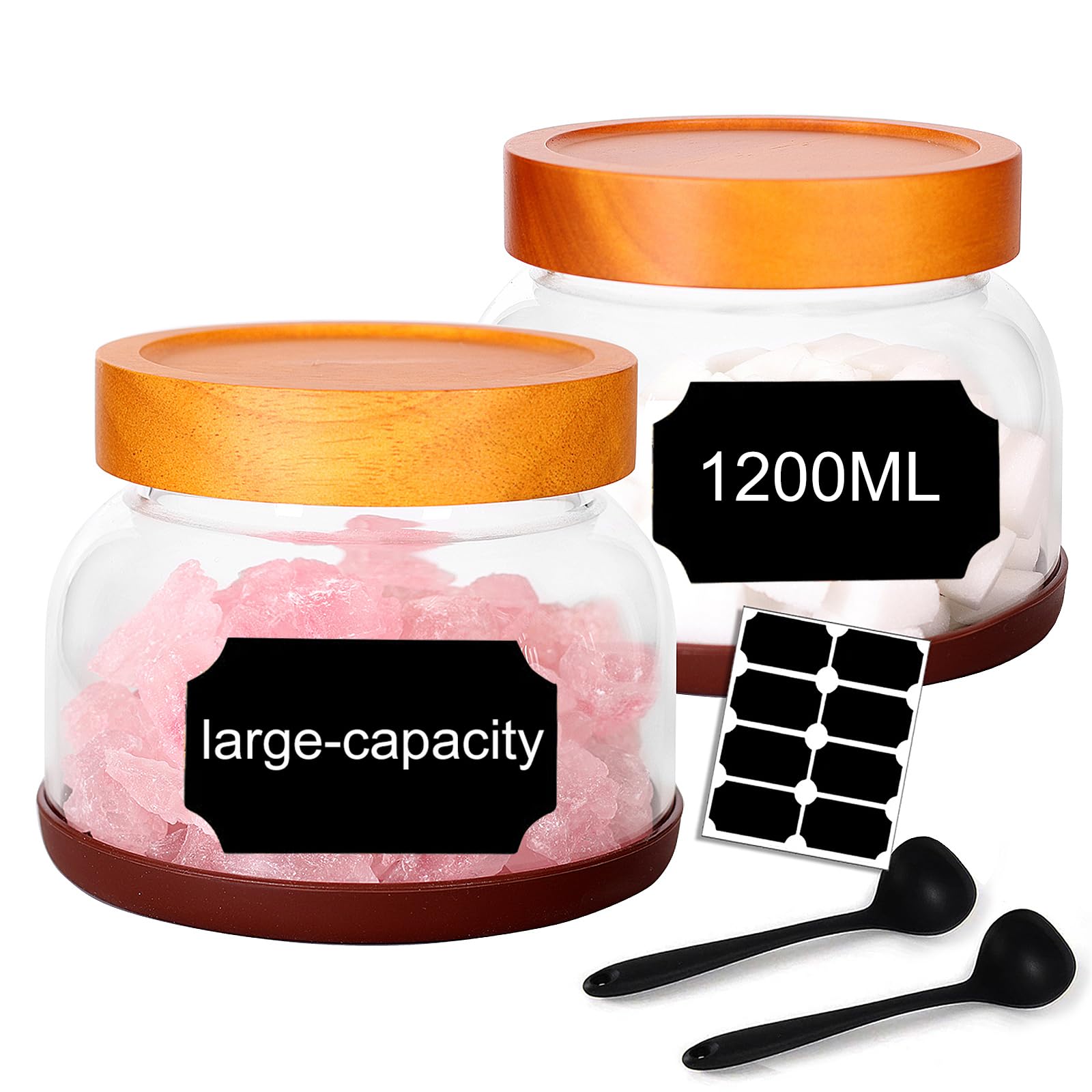 SAIOOL 2-Pack Striped Borosilicate Glass Airtight Canisters - Big mouth Large Capacity, Acacia Wood Lid, Food Storage Jars for Flour, Pasta, Pantry Organization (1200ml Gallon （Strew 2 pack）)