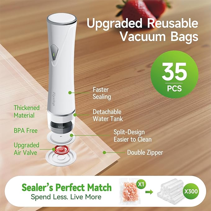 Fiyxlop Vacuum Sealer for Food, Premium Handheld Vacuum Sealer + 35 Reusable Vacuum Bags, Powerful Vacuum Food Sealer for Kitchen, Home, BBQ, Travel, Gifts, Seal Food 6X Fresh Longer