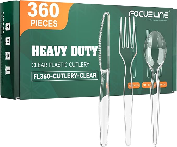 FOCUSLINE 360 Count Clear Plastic Silverware, 120 Forks, Knives and Spoons Each, BPA-Free, Heavy Duty Disposable Cutlery Set, Premium Disposable Flatware Plastic Utensils for Party Everyday Use
