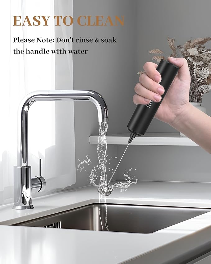 INFOOD Rechargeable Milk Frother with Cover, 2-Speed, 2 Whisks, Black