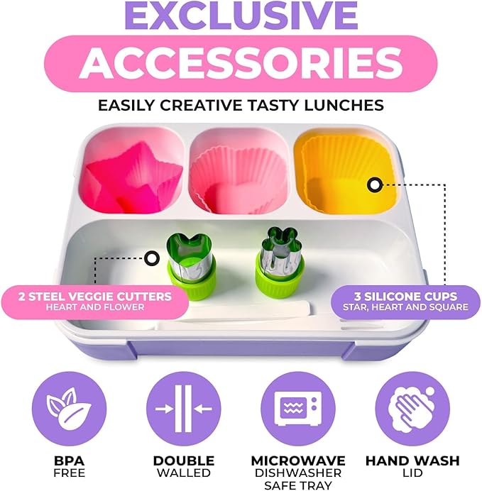 kinsho Bento Lunch Box with Insulated Bag, Ice Pack and Accessories for Girls. Snack Containers with 4 Compartment Dividers for Toddlers Pre-School Daycare BPA Free Set, Utensils, Rainbow Unicorn