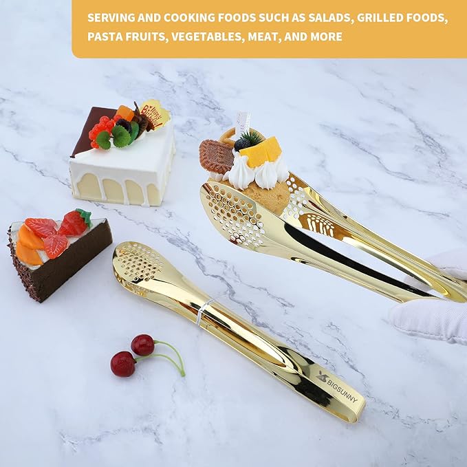 MSY BIGSUNNY Stainless Steel Buffet Tongs - 11" Kitchen Food Tong for Cooking and Serving, Set of 2, Gold