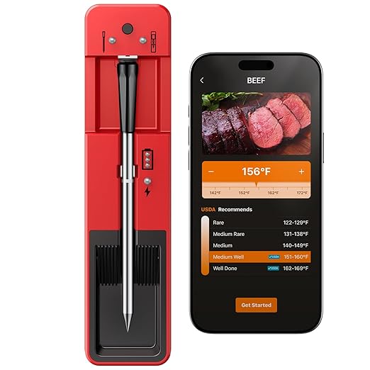 Wireless Meat Thermometer 6 Sensors Accuracy Digital Food Thermometer 0.5S Instant Read, IP67 Waterproof for BBQ, Grill, Smoker, Oven, Air Fryer,Red