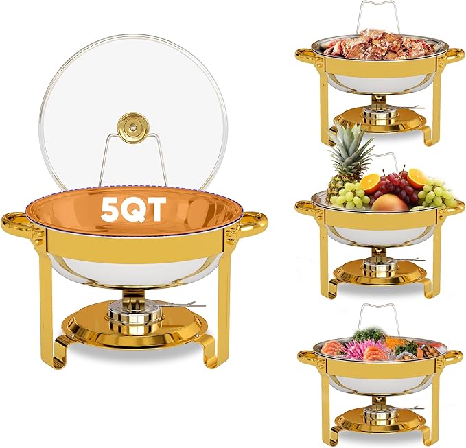 EffiQ-Rate 5QT Round Chafing Dishes for Buffet, Gold, 4 Pack