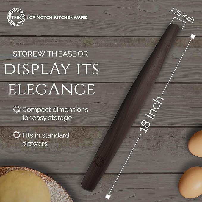 Black Walnut French Style Rolling Pin: Tapered Solid Wood Design. By Top Notch Kitchenware!