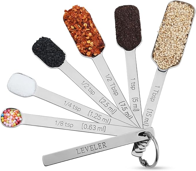 Nstezrne Measuring Spoons Set of 6, 18/8 Stainless Steel Measuring Spoons for Dry & Liquid, Spice Long Handle Tbsp Nesting Measure Spoon for Baking & Kitchen