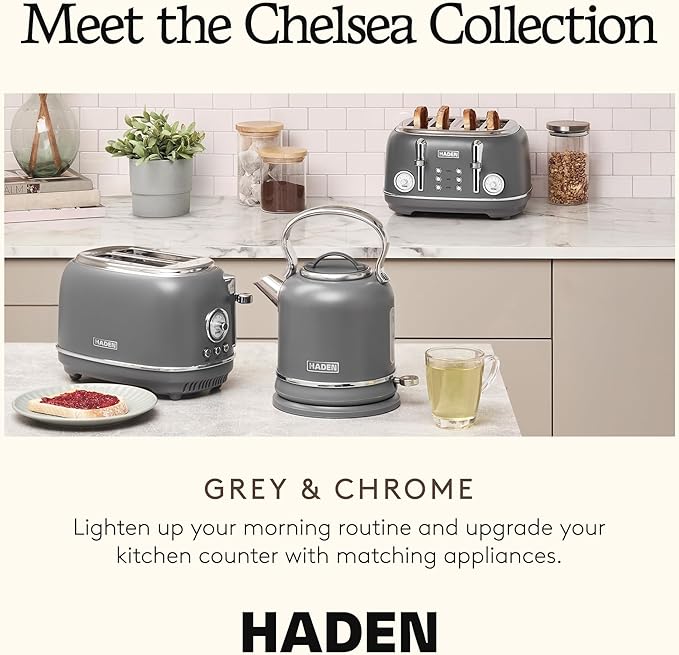 Haden Chelsea 4-Slice Wide Slot Stainless Steel Toaster with Adjustable Browning Control & Non-Slip Feet, Grey & Chrome
