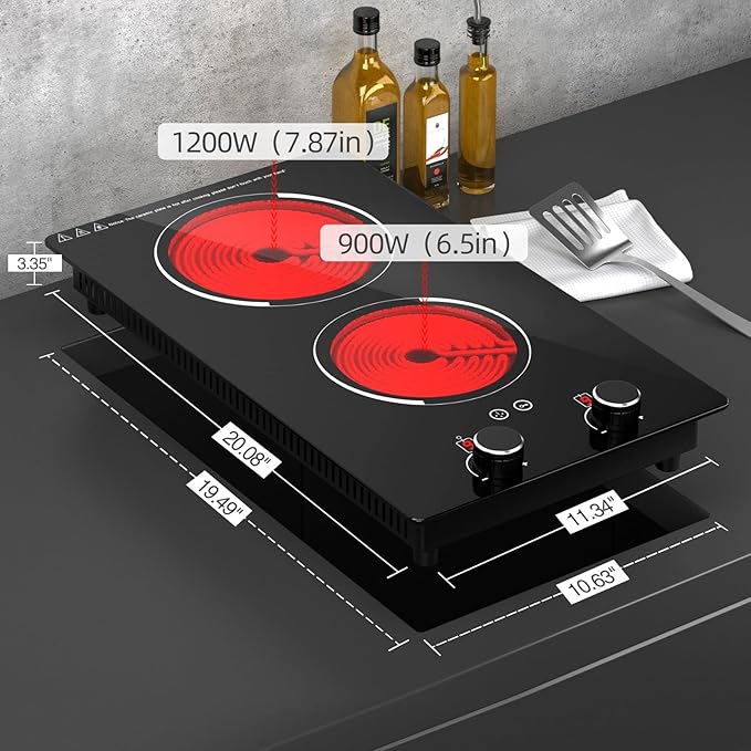 GTKZW 110v Electric Cooktop 2 Burners, 12'' Electric Stove Top with Plug in, Knob Control Countertop & Built-in Ceramic Cooktop, 9 Power Levels, Child Lock, Timer, Over-Heat Protection