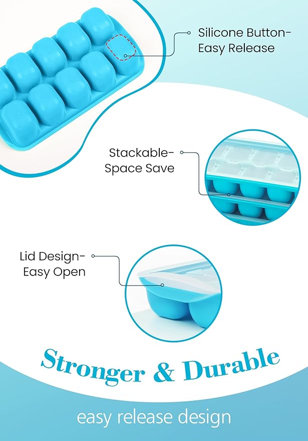 DOQAUS Ice Cube Tray with Lid and Bin, 4 Pack Ice Bucket Kits for RV