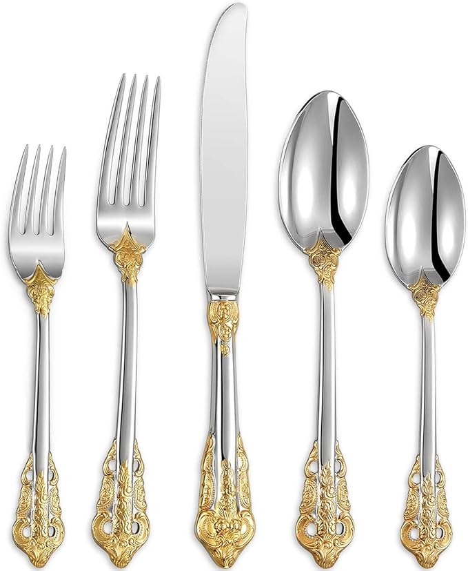 KEAWELL Luxury 20-Piece 18/10 Stainless Steel Flatware Set (Gold Accent)