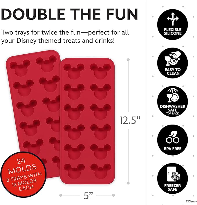 Disney Mickey Silicone Ice Cube Tray, 2-Pack 5"x12.5", BPA-Free