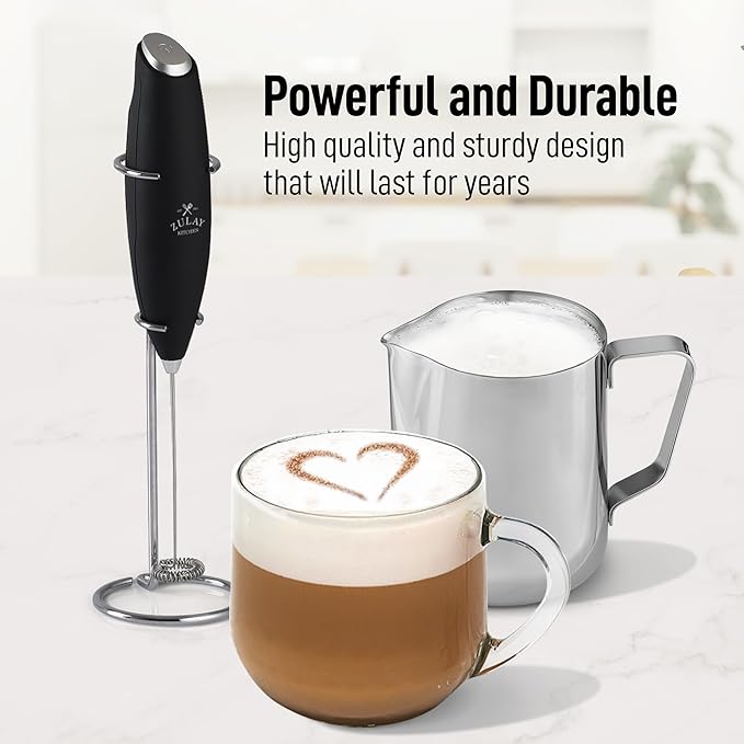 Zulay Premium Gift Milk Frother Set – Handheld Coffee Frother with Stand, 12oz/350ml Frothing Pitcher + 4 Latte Art Stencils – 13,000 RPM Motor, SS Whisk, Battery Operated – Barista Kit (Black)
