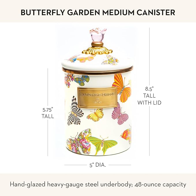 MACKENZIE-CHILDS Enamel Canister, Medium, White Butterfly Garden