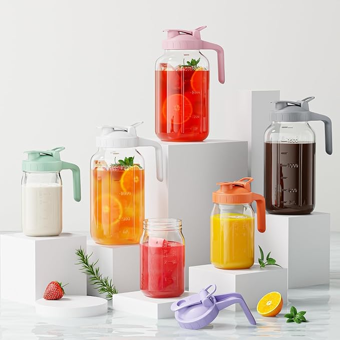 JunVpic Glass Pitcher with lid, 64 oz Wide Mouth Mason Jar