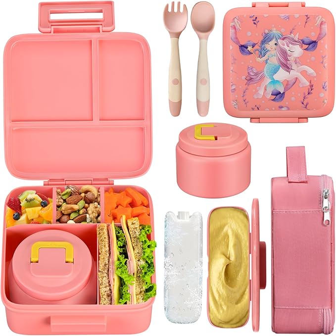 JXXM Bento Lunch Box for Kids With 8oz Soup Thermo,Leak-proof Lunch Containers with 5 Compartment,Thermo Food Jar and Lunch Bag, Food Containers for School (A-Pink（Unicorn - Mermaid）)
