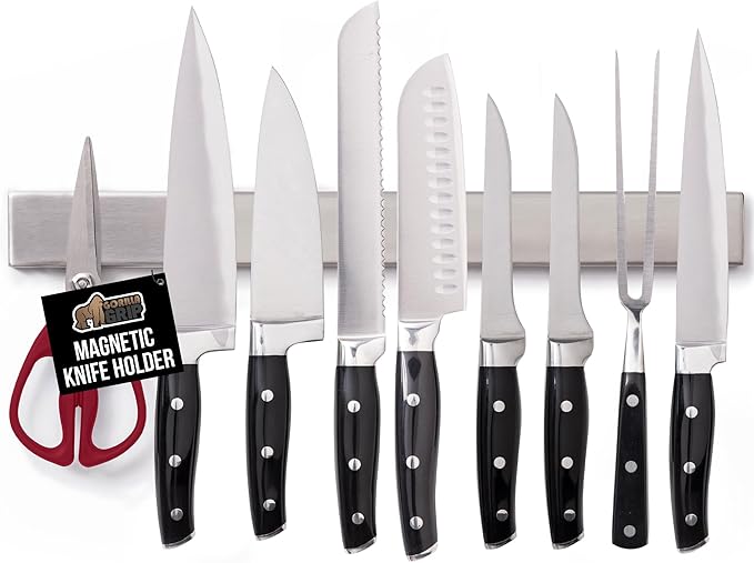 GORILLA GRIP 304 Stainless Steel Heavy Duty Magnetic Knife Holder, 16 Inch Strip, Secure Wall Mounted Bar for Knives, Tools, Holds Up to 6 lbs, Kitchen Organizer, Easy Installation, Screws Included