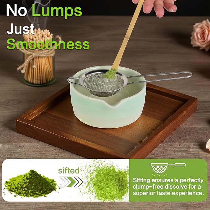 Matcha Whisk Set, Japanese Tea Set Includes Matcha Bowl with Spout, Bamboo Whisk, Ceramic Chasen Holder, Scoop, Sifter, 5 pcs Traditional Tea Making Kit for Matcha Lovers Women Men