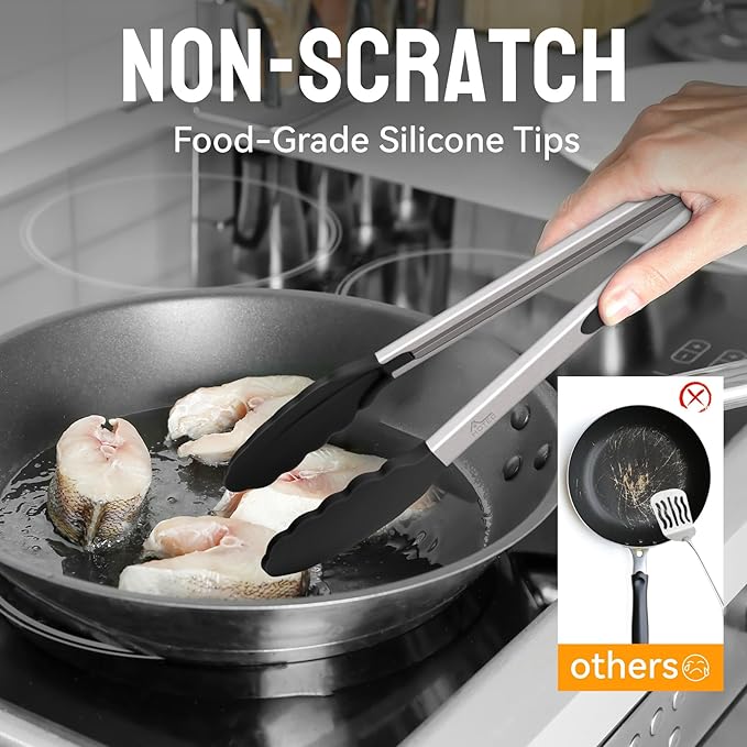 HOTEC Premium Stainless Steel Locking Kitchen Tongs with Silicon Tips, Set of 3-7", 9" and 12", Black, Grey, White
