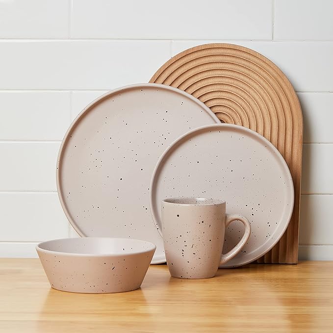 Stone Lain Jade Stoneware 16 Piece Dinnerware Set, Home Kitchen Dish Set with Dinner Plates, Salad Plates, Bowls, & Mugs - Service for 4, Taupe