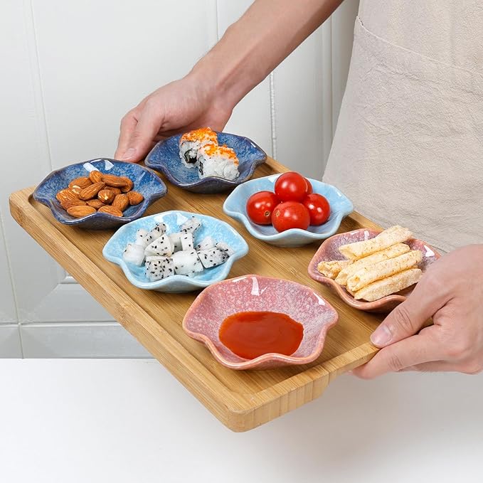 ZEBERBO Dipping Bowls Set of 6, Ceramic Soy Sauce Dishes, 2 oz Dipping Sauce Cups, chrysanthemum Round Small Side Dish Dishes for Dipping Sushi Tomato Soy Sauce Dish
