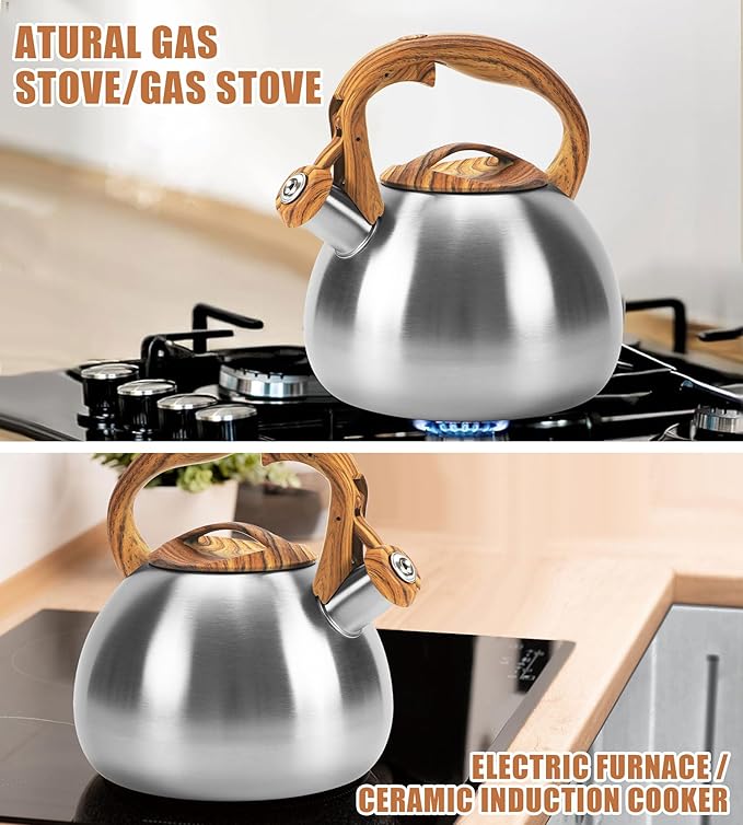 Foedo 3.2Qt Stainless Steel Whistling Tea Kettle Stovetop, Silver