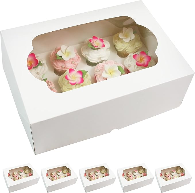 Global Sugar Art 14x10x5 Inch Cupcake Box with Window, White, 5-Count