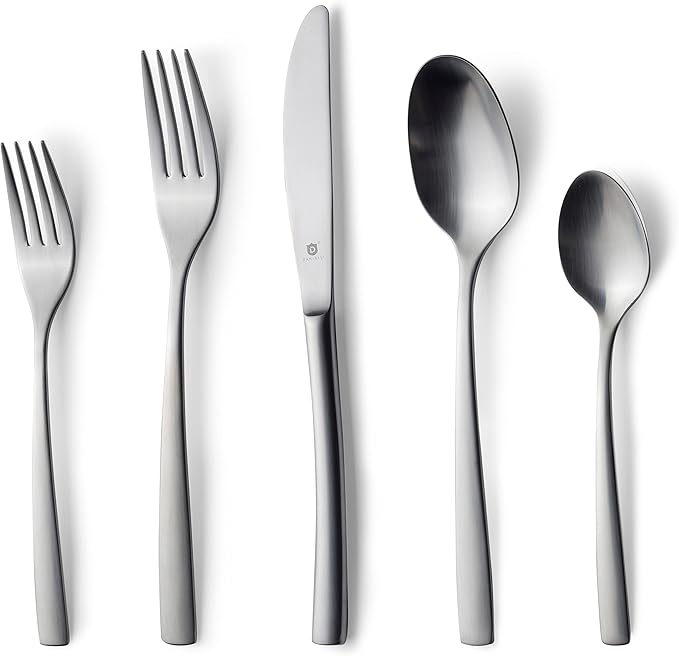 Danialli Matte Silverware Set, 18/10 Stainless Steel Satin Flatware, Modern Brushed Finish Cutlery, Dishwasher Safe & Durable, Built to Last (60-Piece, Sleek)