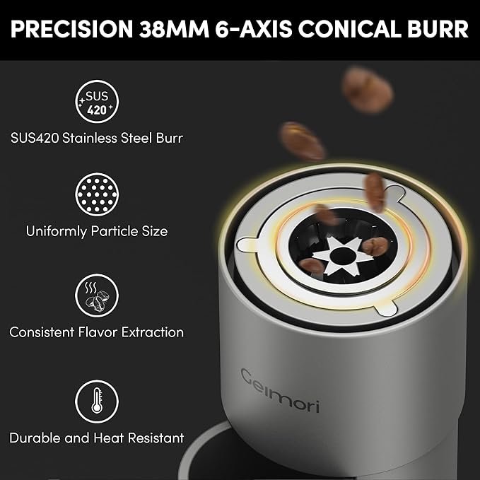 Burr Coffee Grinder,Wirsh Portable Electric Grinder Geimori T38 Plus,Espresso Grinder with Conical Burr,Stepless Grind Settings from Fine to Coarse for Espresso,Drip,French Press,Home&Travel Use