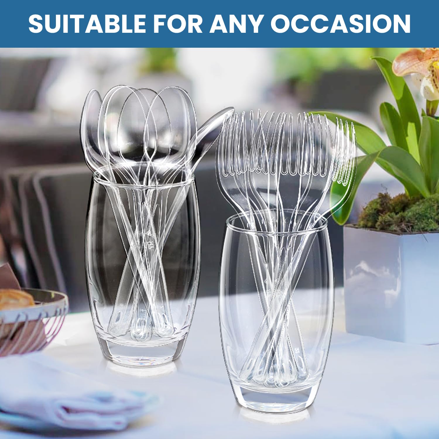 [600 Count] Clear Plastic Utensils 600 clear plastic forks and spoons Disposable 300 Forks and 300 Spoons Silverware Bulk Spoons Bulk Fork Heat Resistant Heavy Duty Silverware
