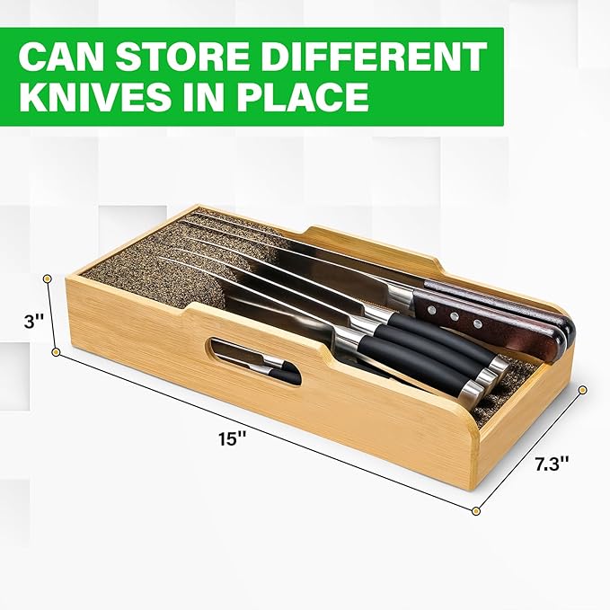 Mospten Bamboo Knife Drawer Organizer Insert - Kitchen In-Drawer Knife Block Holder, Flexible Dividers for Knives Organization
