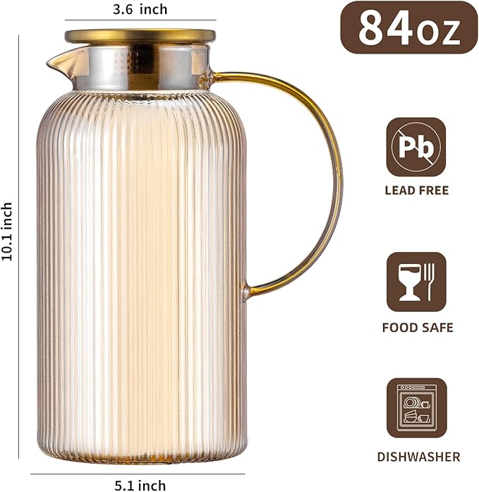 Buaic Glass Pitcher with Lid, 84 oz/ 2.5L Amber Glass Water Pitcher