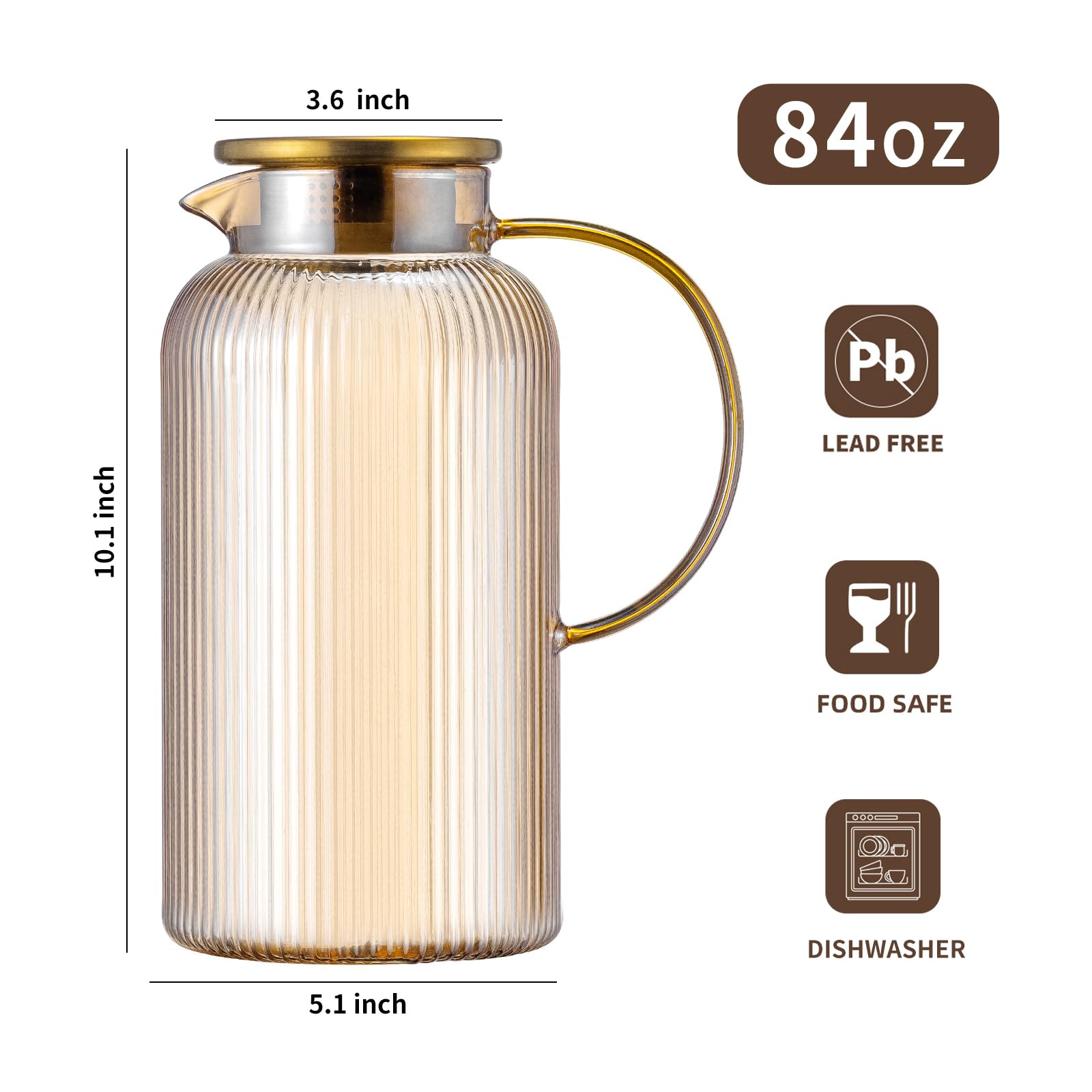 Buaic Glass Pitcher with Lid, 84 oz/ 2.5L Amber Glass Water Pitcher
