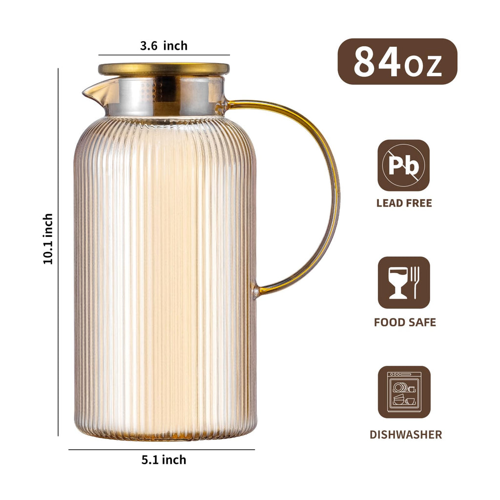 Buaic 2 PACK Glass Pitcher with Lid, 84 oz/ 2.5L Amber Glass Water Pitcher