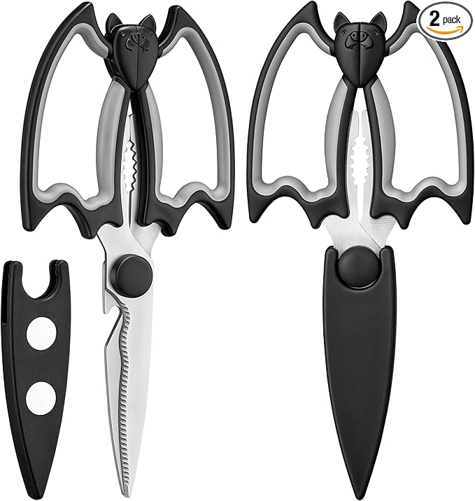 OMDAR Bat Kitchen Scissors All Purpose 2 Pack - Halloween Goth Cute Kitchen Shears - Heavy Duty Stainless Steel Cooking Shears for Cutting Meat, Food, Poultry - with Magnetic Blade Guards