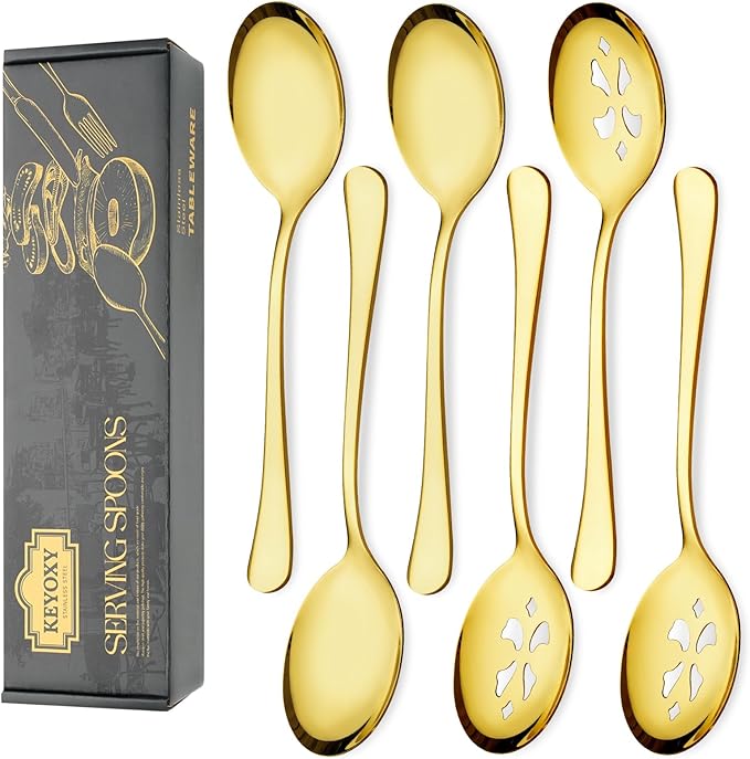 Keyoxy 6 Piece Stainless Steel Serving Spoon Set - 3 Large, 3 Slotted,Dishwasher Safe,10-Inch,Gold, for Parties/Kitchen/Buffet/Catering