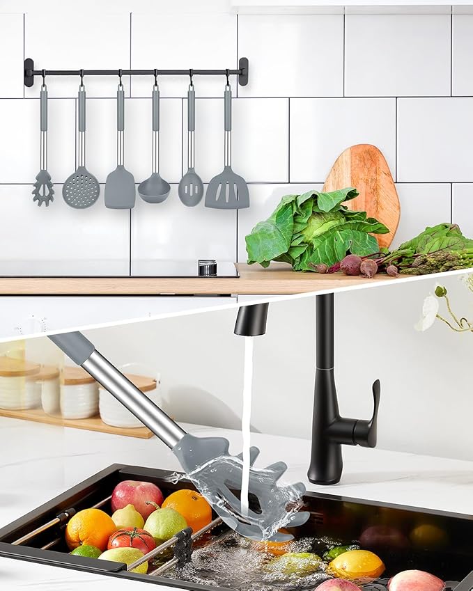 Silicone Cooking Utensils Set, 8 Pcs Kitchen Utensils with Holder, Gray