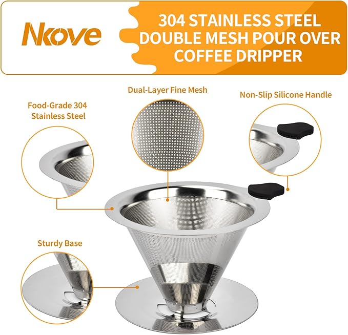 NKOVE Pour Over Coffee Dripper Stainless Steel Reusable Filter Coffee Maker