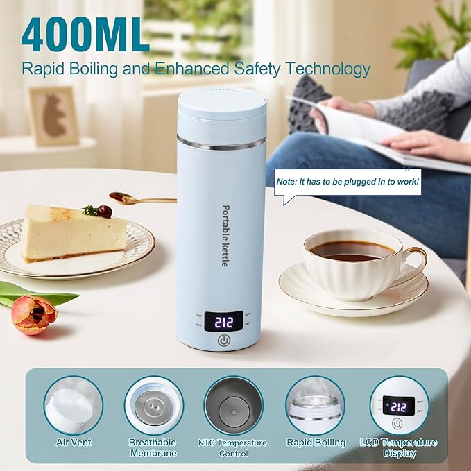 Touxila Portable Electric Kettle for Travel 120V, 13.5oz, 4 Temp Settings