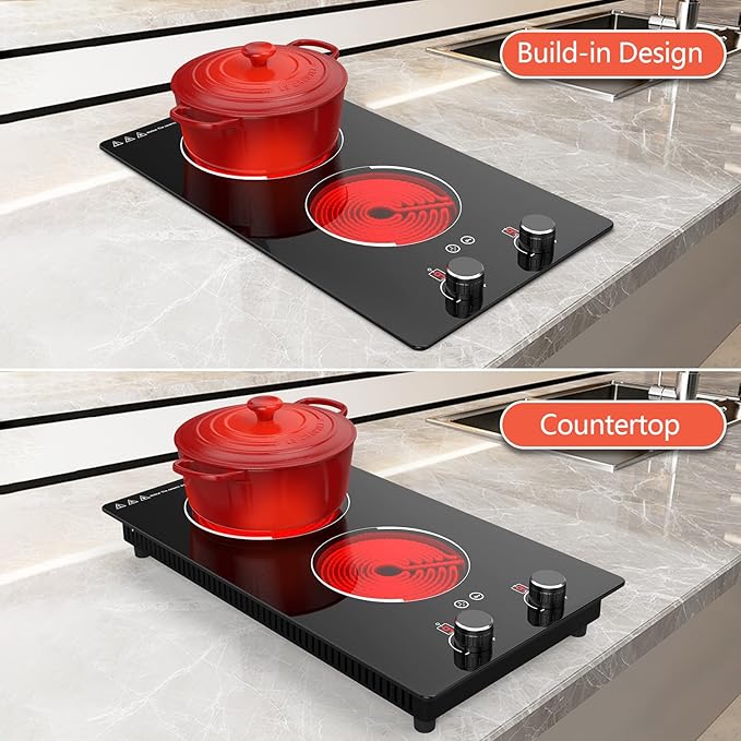 GTKZW 110v Electric Cooktop 2 Burners, 12'' Electric Stove Top with Plug in, Knob Control Countertop & Built-in Ceramic Cooktop, 9 Power Levels, Child Lock, Timer, Over-Heat Protection