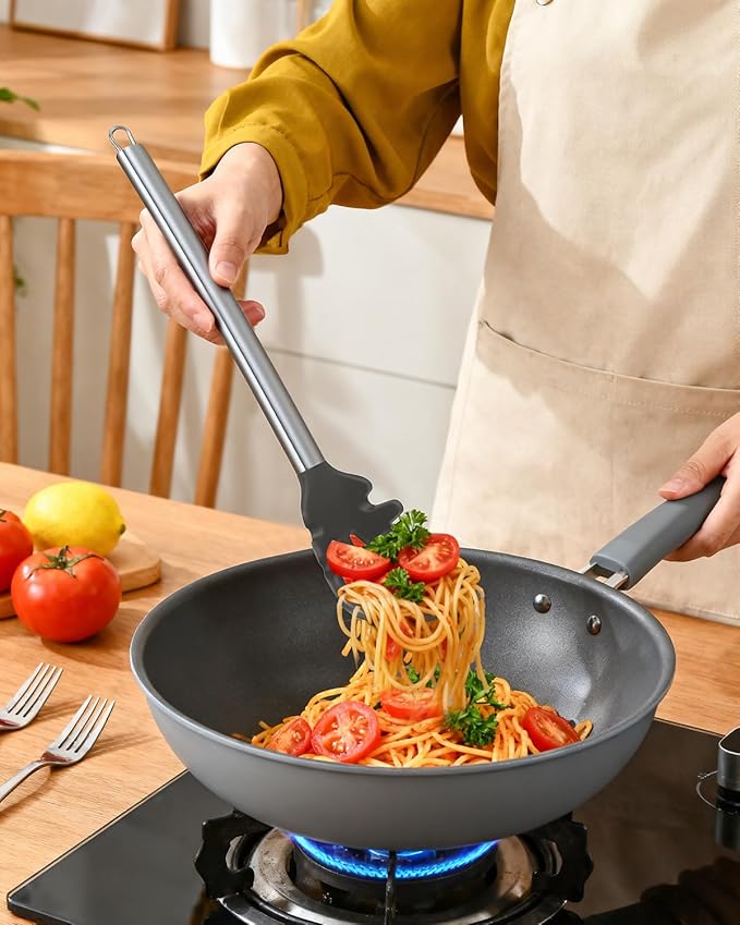 Spaghetti Spoon and Pasta Tong with Teeth and Drain Holes, 2-Piece Non-Stick Silicone Spoon Server Fork with Stainless Steel Handle, Kitchen Tong for Cooking, Serving, Salad and Noodles, Grey