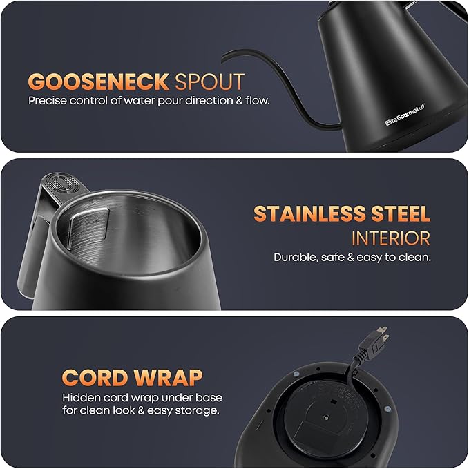 Elite Gourmet EKT3001 1L Digital Kettle, 304 Stainless Steel, Matte Black