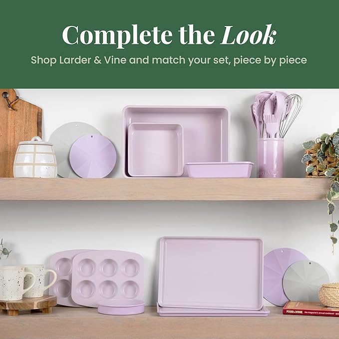 Larder & Vine 8-Piece Stackable Bakeware Set, Ceramic-Coated Nonstick Baking Pan Set, Non-Toxic, with Baking Sheets, Muffin Pan, Loaf Pan & Cake Pans, Lavender