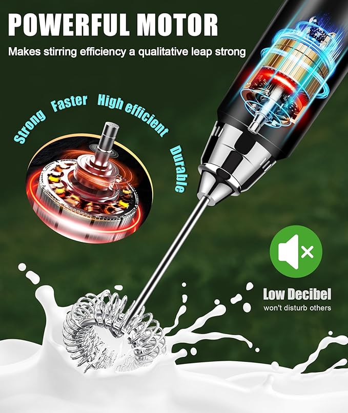 YUSWKO Handheld Milk Frother Wand for Coffee, Rechargeable Electric Whisk with 3 Heads 3 Speeds Drink Mixer Coffee Frother For Latte, Cappuccino, Hot Chocolate, Egg, Silver with Bag