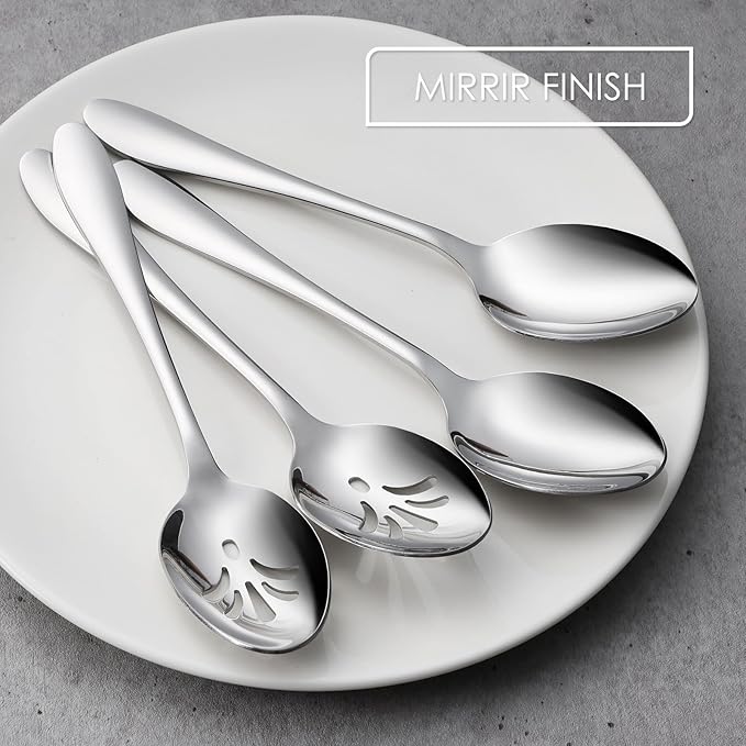 E-far 4-Piece Serving Set - Includes 2 Spoons and 2 Slotted Spoons, Stainless Steel Buffet Utensils for Catering Party Kitchen Restaurant - Mirror Polished, Dishwasher Safe, 8.5-Inch