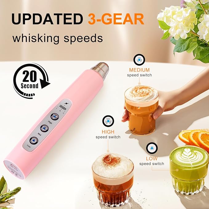YUSWKO Handheld Milk Frother Wand for Coffee, Rechargeable Electric Whisk with 3 Heads 3 Speeds Drink Mixer Coffee Frother For Latte, Cappuccino, Hot Chocolate, Egg, Pink