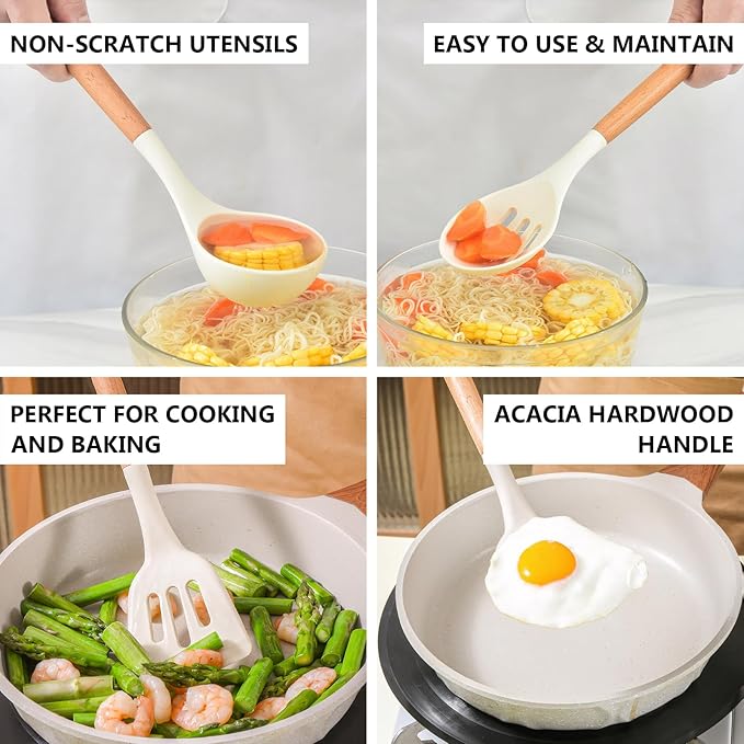 IOCBYHZ Silicone Kitchen Utensils Set of 5, Cooking Utensil Set with Heat Resistant Wooden Handle Non-Stick Silicone Spatula Spoon Turner Ladle, BPA FREE Cooking Kitchen Gadgets for Cookware & Baking