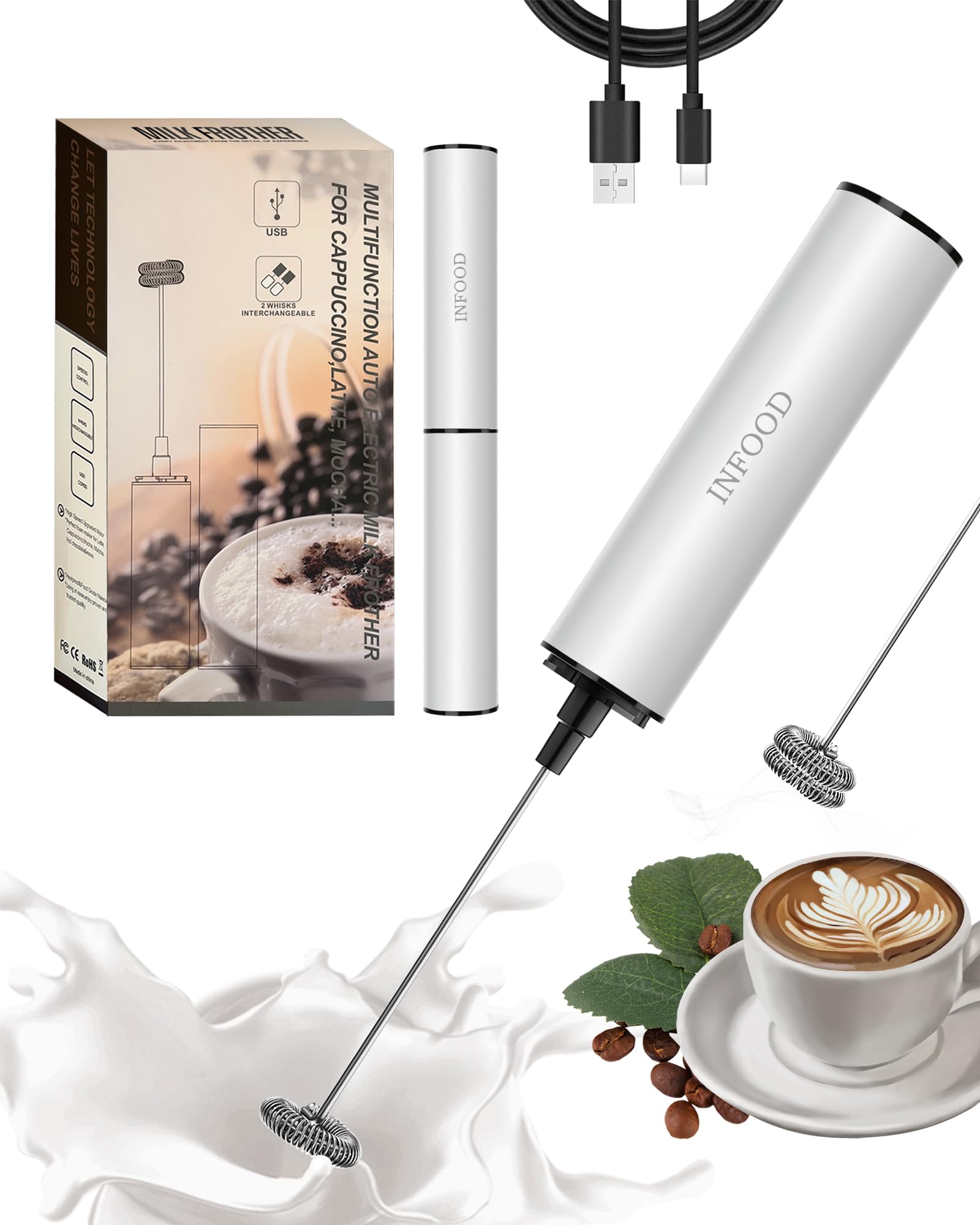 INFOOD Rechargeable Milk Frother with Cover, 2-Speed, 2 Whisks, White